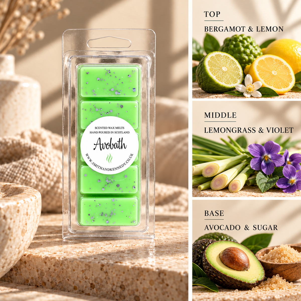 Avobath citrus and herbal scented wax melt snap bar by Smith & Kennedy Scents
