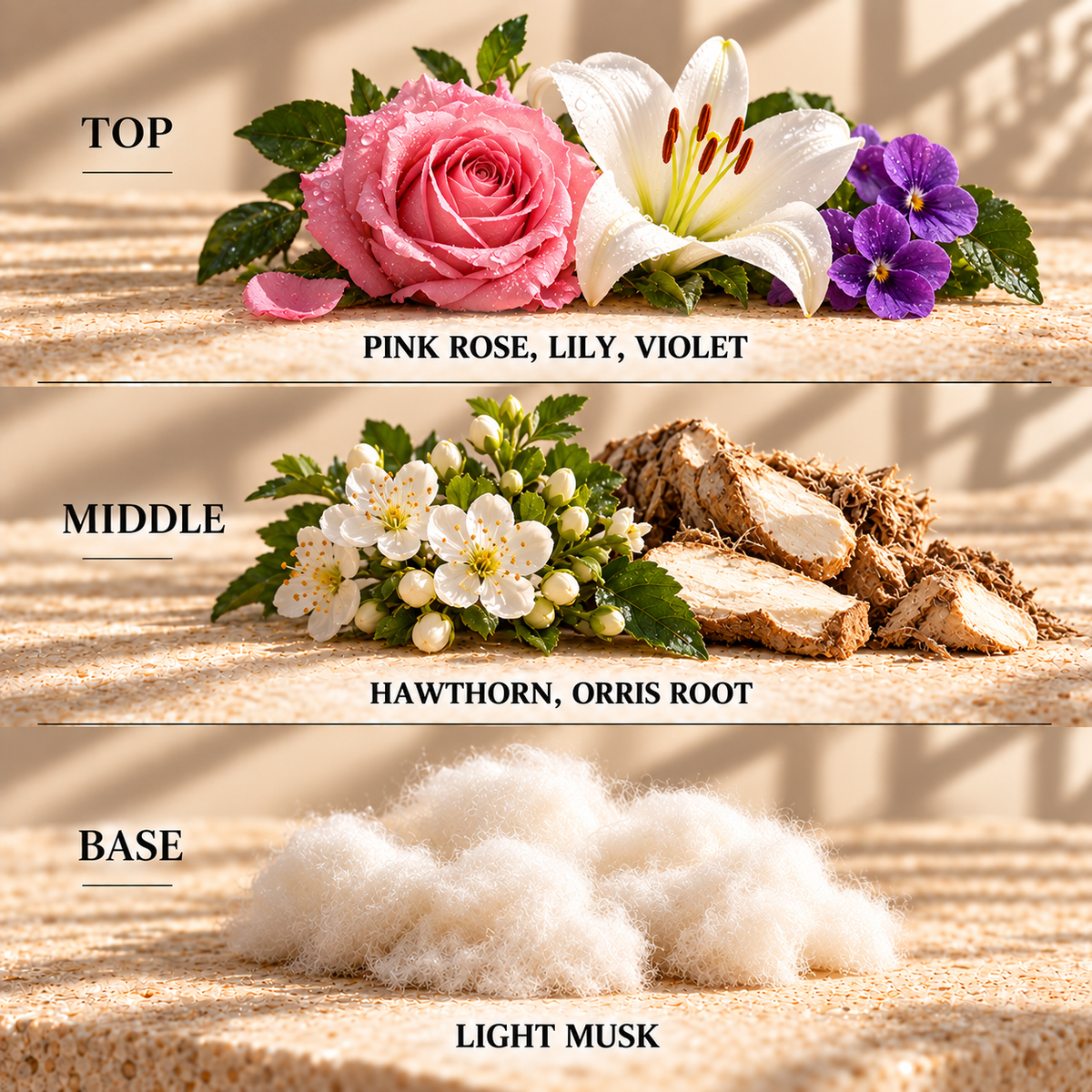 Top, middle and base scent notes for Baby Powder spa inspired wax melt by Smith & Kennedy Scents