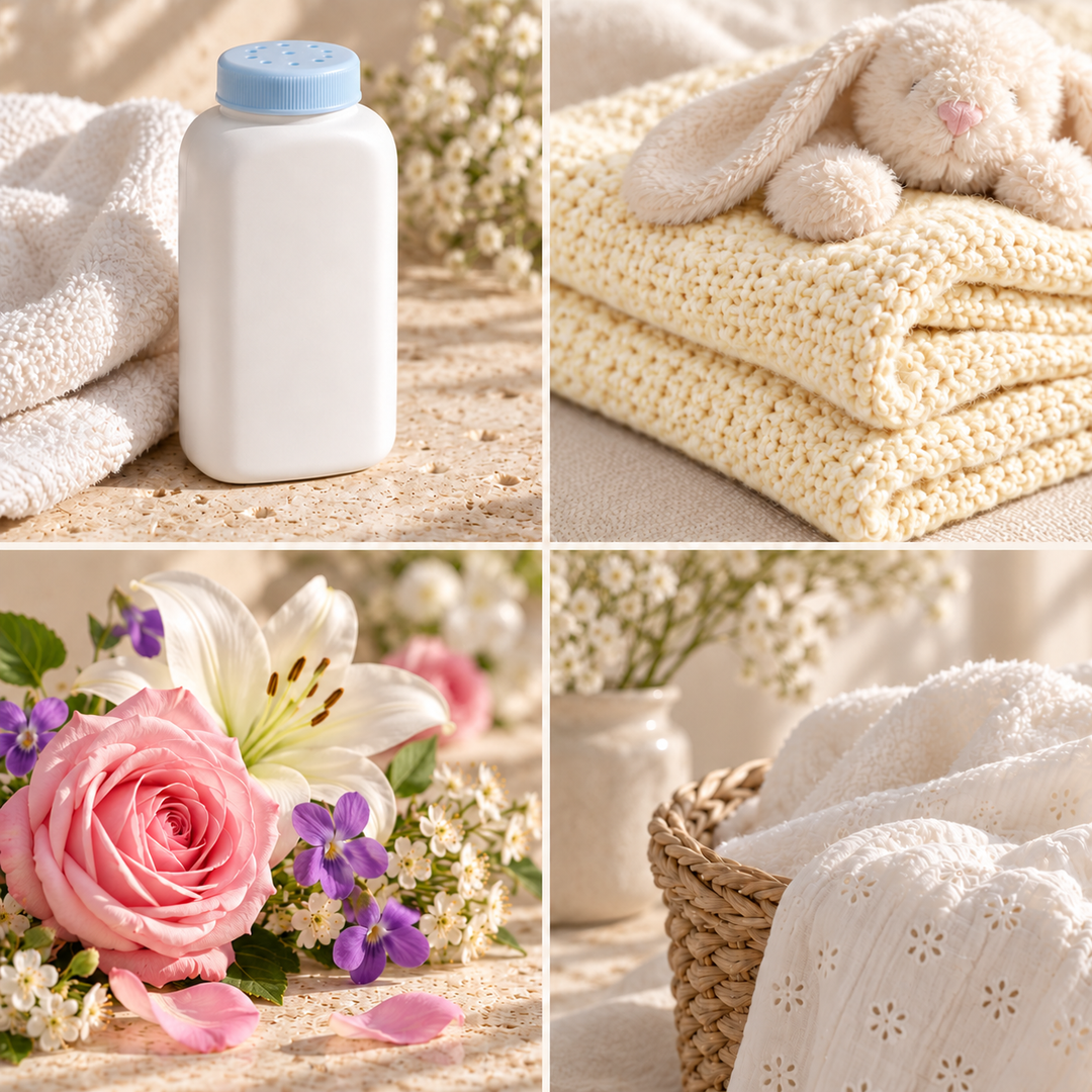 Baby Powder wax melt mood board with an unbranded baby powder bottle, soft ivory fabric and delicate flowers.