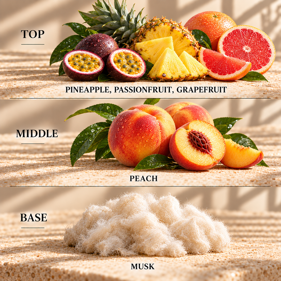 Top, middle and base scent notes for Bahama Breeze fruity inspired wax melt by Smith &amp; Kennedy Scents