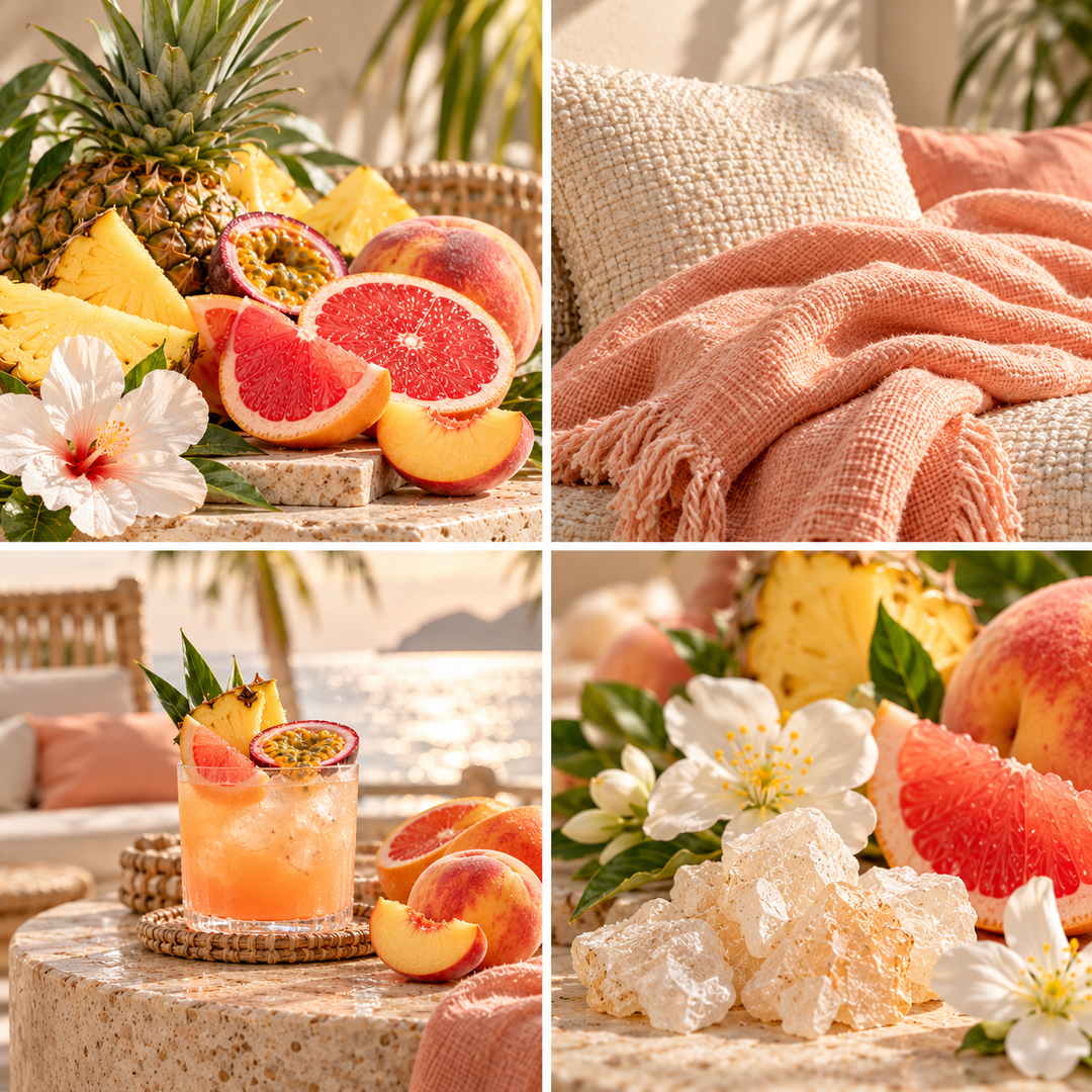 Bahama Breeze wax melt mood board with tropical fruit, coral textiles and a bright seaside setting.