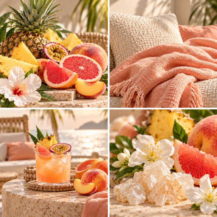Bahama Breeze wax melt mood board with tropical fruit, coral textiles and a bright seaside setting.