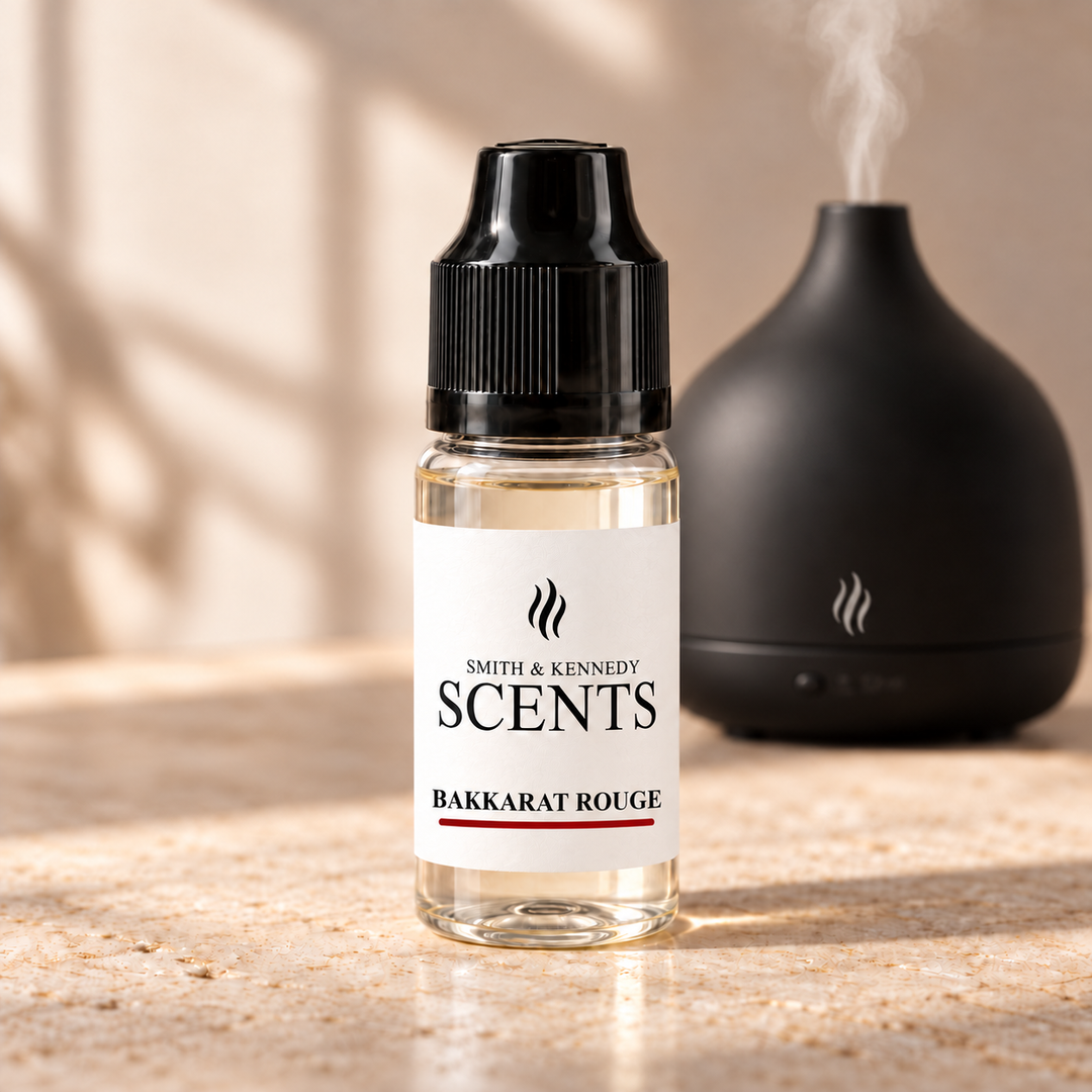 Bakkarat Rouge aroma oil in 10ml plastic bottle with electric diffuser in background