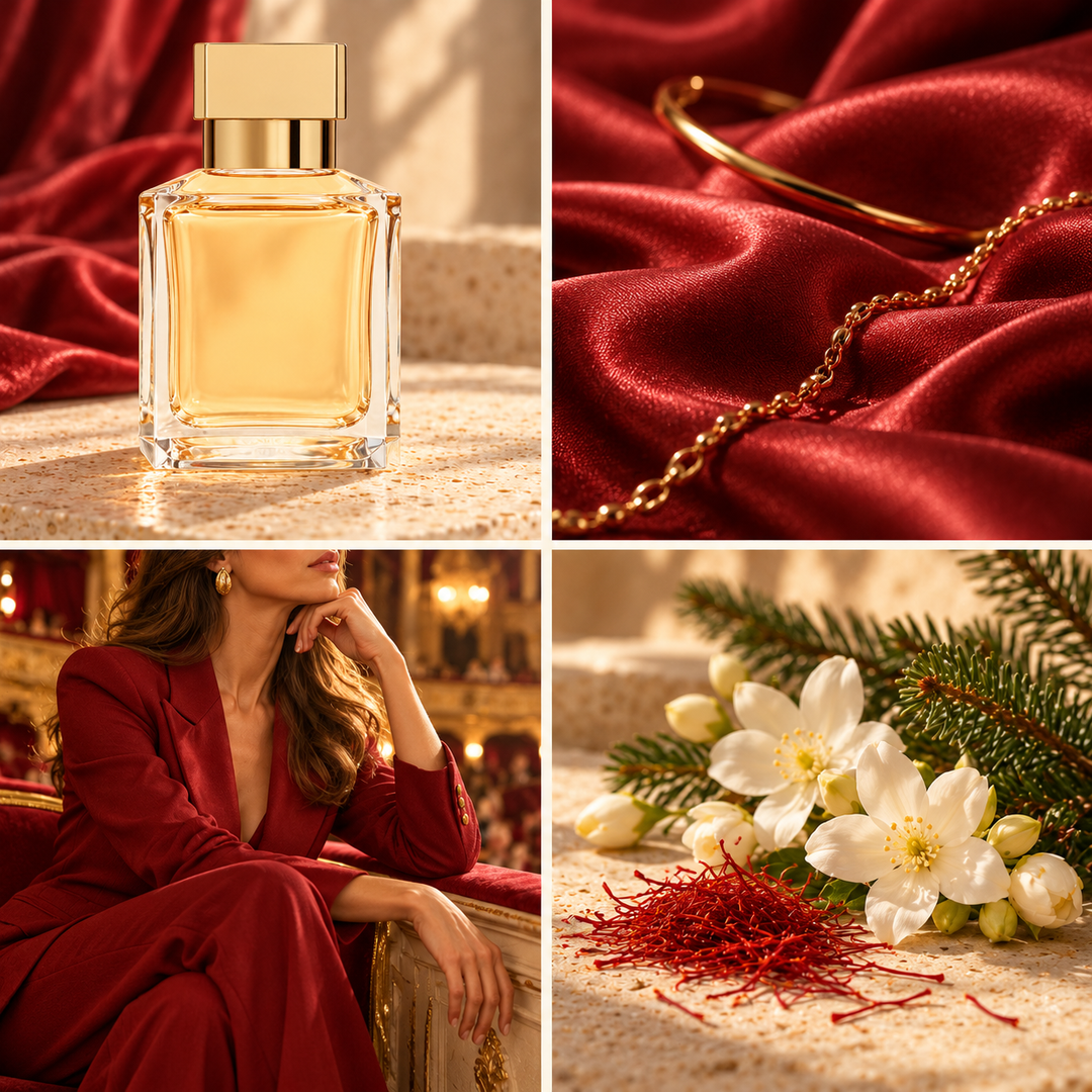 Four-panel mood board for Bakkarat Rouge perfume-inspired wax melts: clear gold-capped bottle, ruby satin, red tailoring and jasmine with saffron.