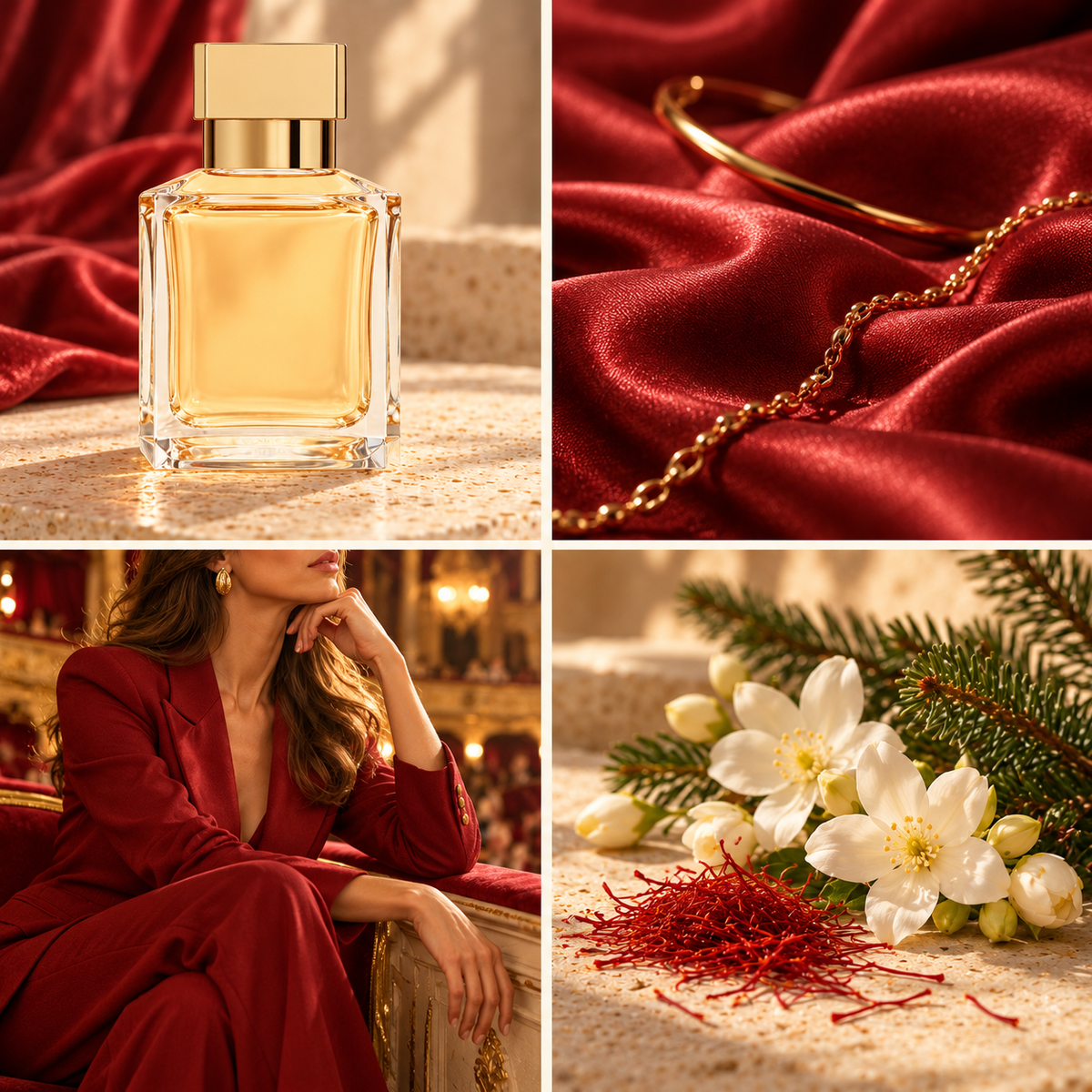 Four-panel mood board for Bakkarat Rouge perfume-inspired wax melts: clear gold-capped bottle, ruby satin, red tailoring and jasmine with saffron.