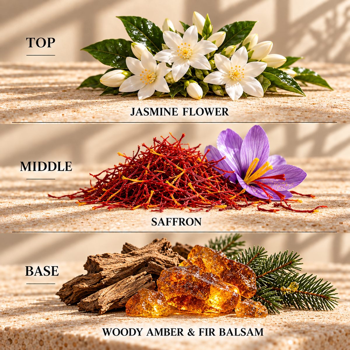 Top, middle and base scent notes for Bakkarat Rouge perfume inspired wax melt by Smith & Kennedy Scents