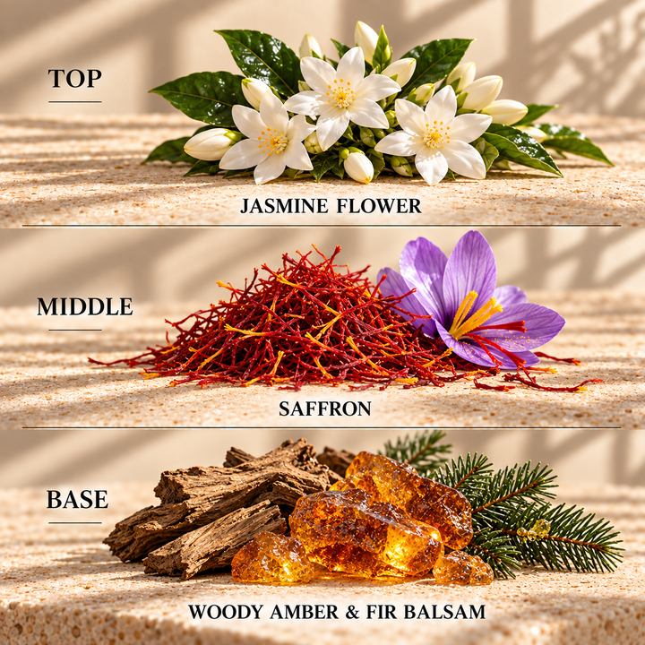 Top, middle and base scent notes for Bakkarat Rouge perfume inspired wax melt by Smith &amp; Kennedy Scents