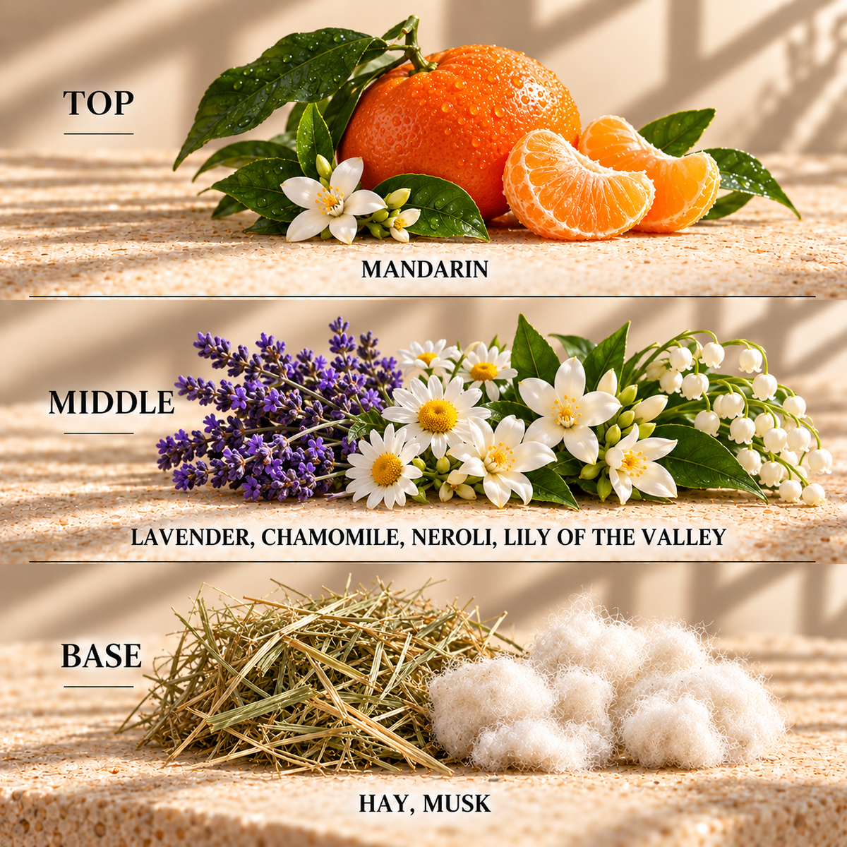 Top, middle and base scent notes for Bedtime Baby relaxing wax melt by Smith & Kennedy Scents