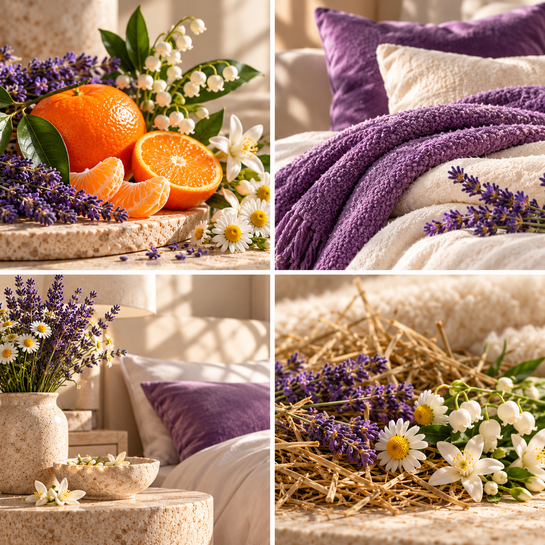 Bedtime Baby wax melt mood board with lavender, chamomile, purple knitwear and a calm bedroom.