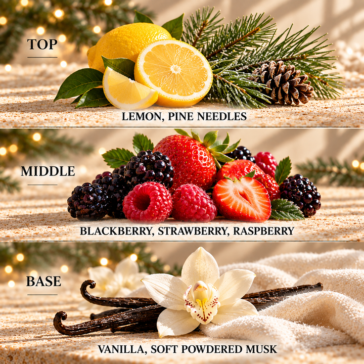 Believe in Christmas fragrance notes: top Lemon, Pine Needles; middle Blackberry, Strawberry, Raspberry; base Vanilla, Soft Powdered Musk