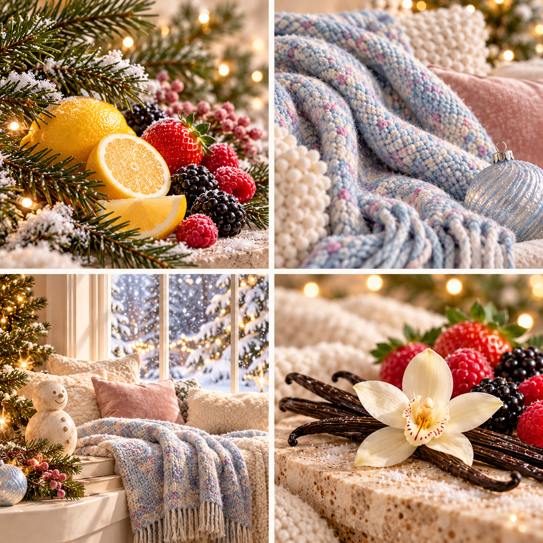Believe in Christmas Christmas wax melt mood board with winter berries, pale blue and pink knitwear and a marble snowman.