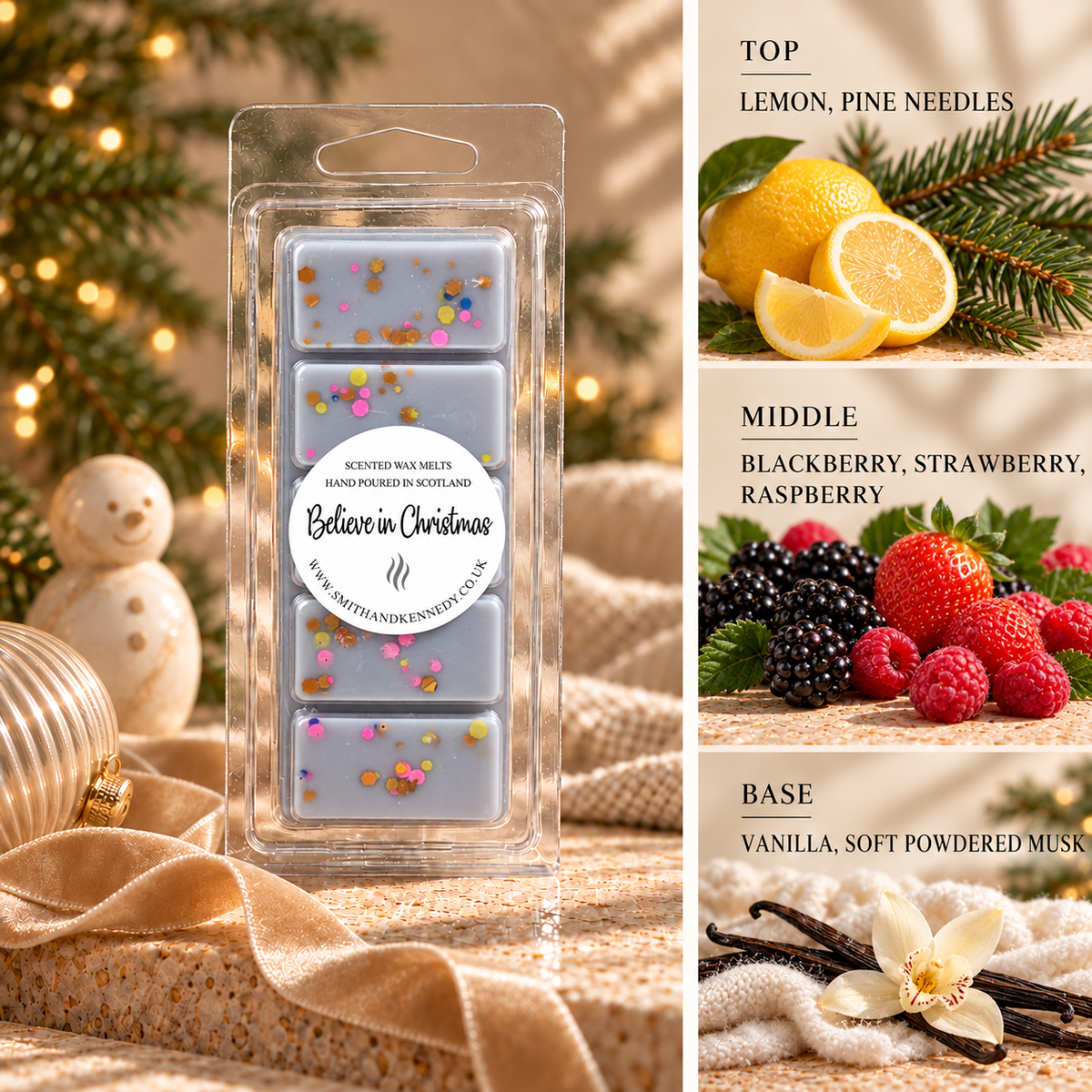 Believe in Christmas Christmas wax melt snap bar by Smith & Kennedy Scents with festive styling and fragrance notes