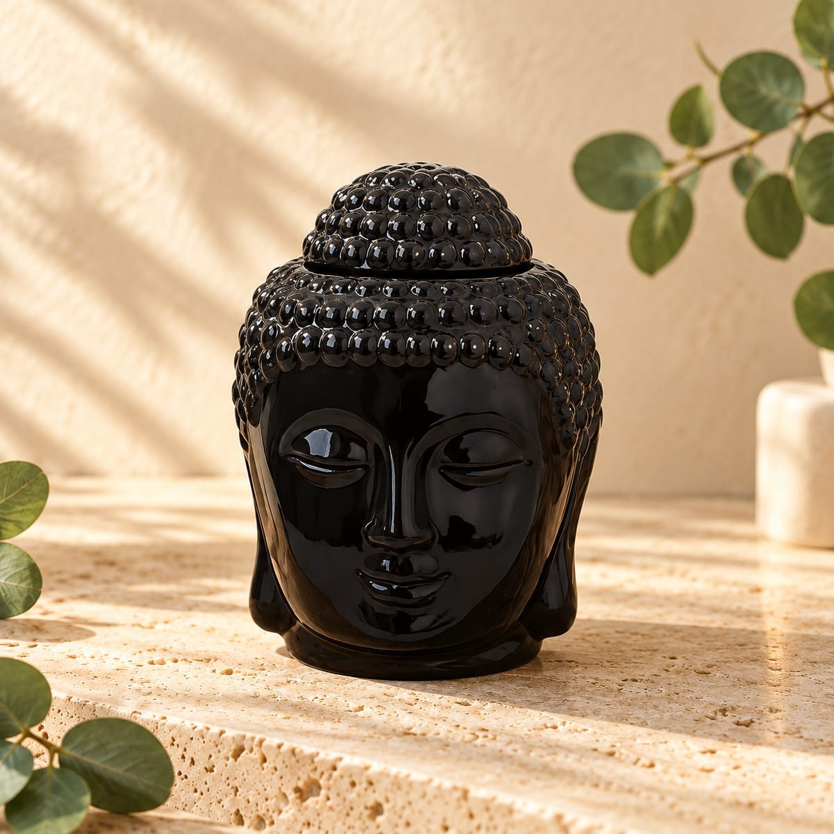 Black Ceramic Buddha Burner for wax melts, slightly angled view showing the burner shape