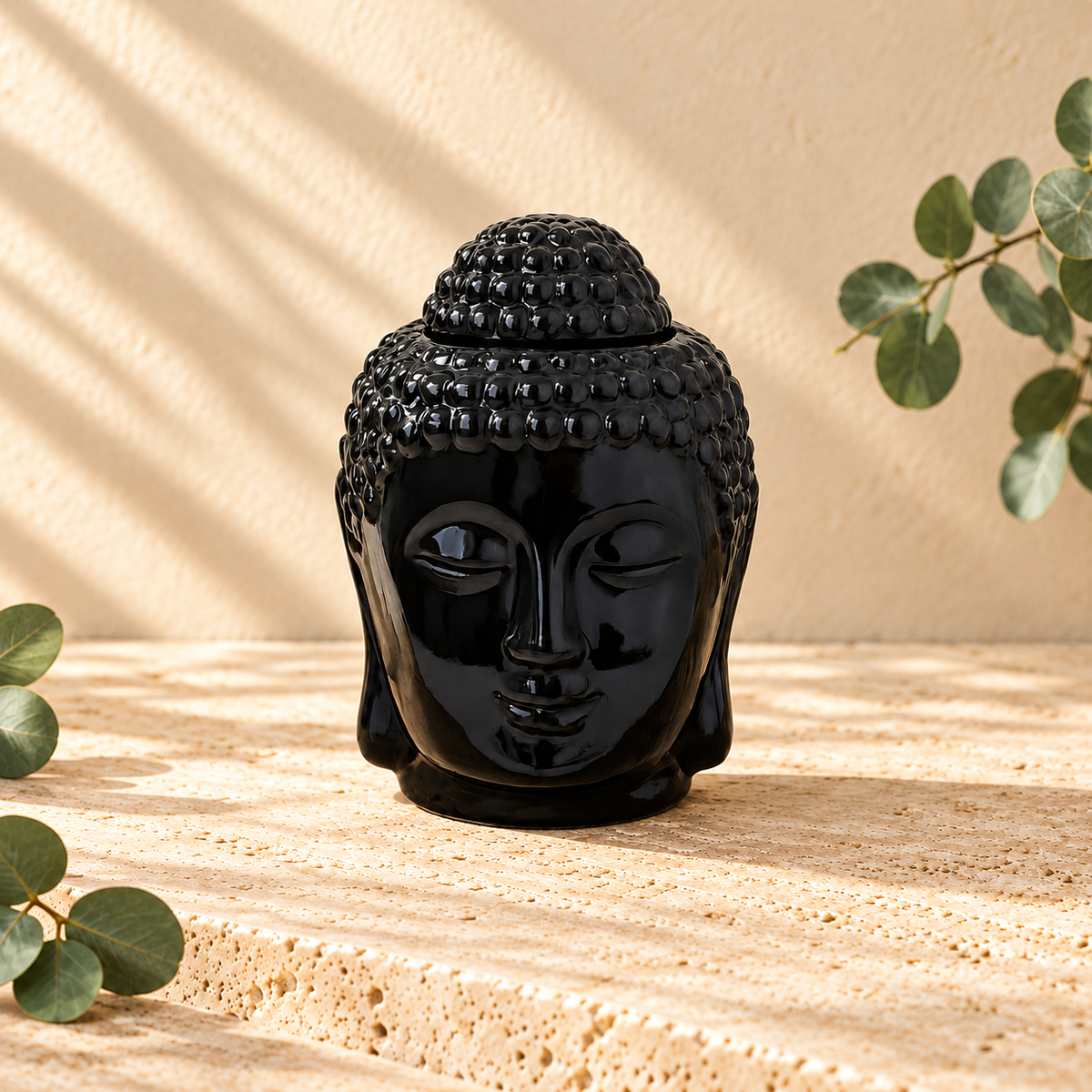 Black Ceramic Buddha Burner for wax melts, front view in a warm cream setting