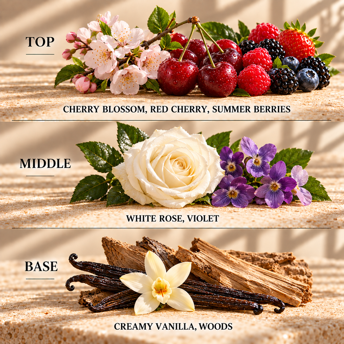 Top, middle and base scent notes for Black Cherry & Rose floral inspired wax melt by Smith & Kennedy Scents