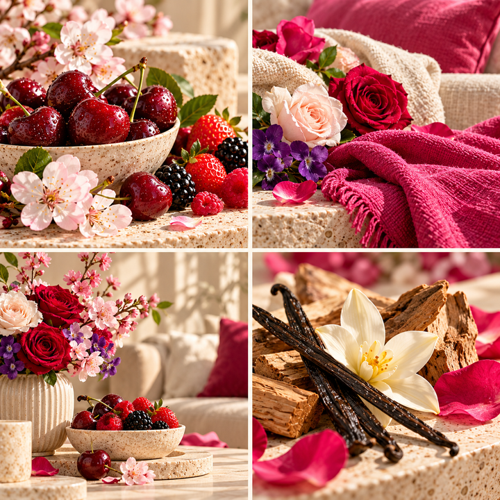 Black Cherry &amp; Rose wax melt mood board with dark cherries, roses, pink textiles and soft florals.