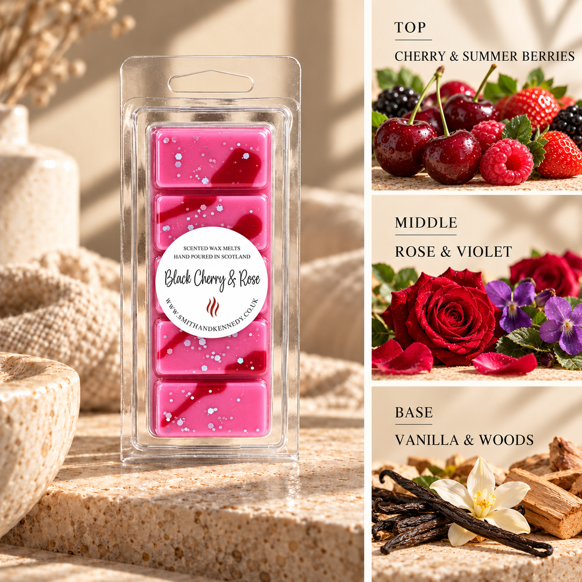 Black Cherry & Rose floral inspired wax melt snap bar by Smith & Kennedy Scents