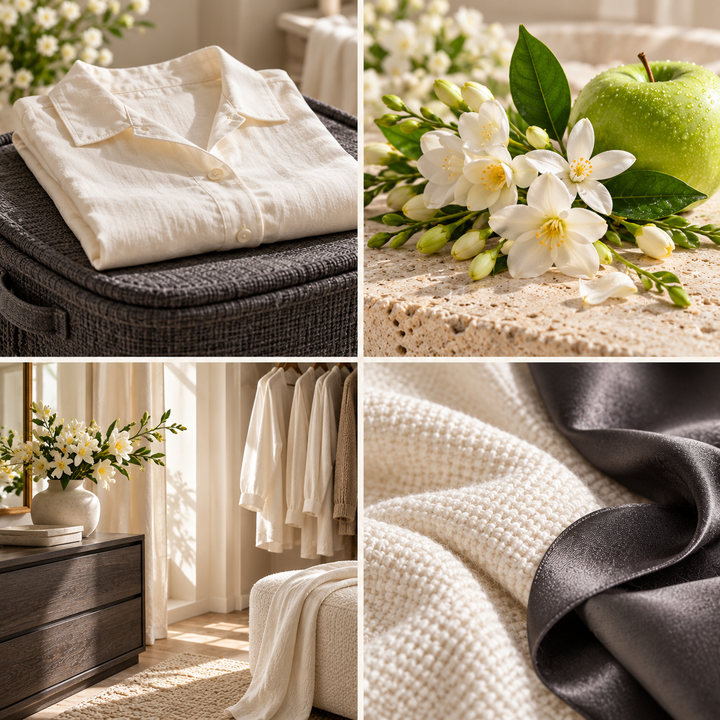 Black Diamond wax melt mood board with white shirts, charcoal fabric and fresh apple blossom.