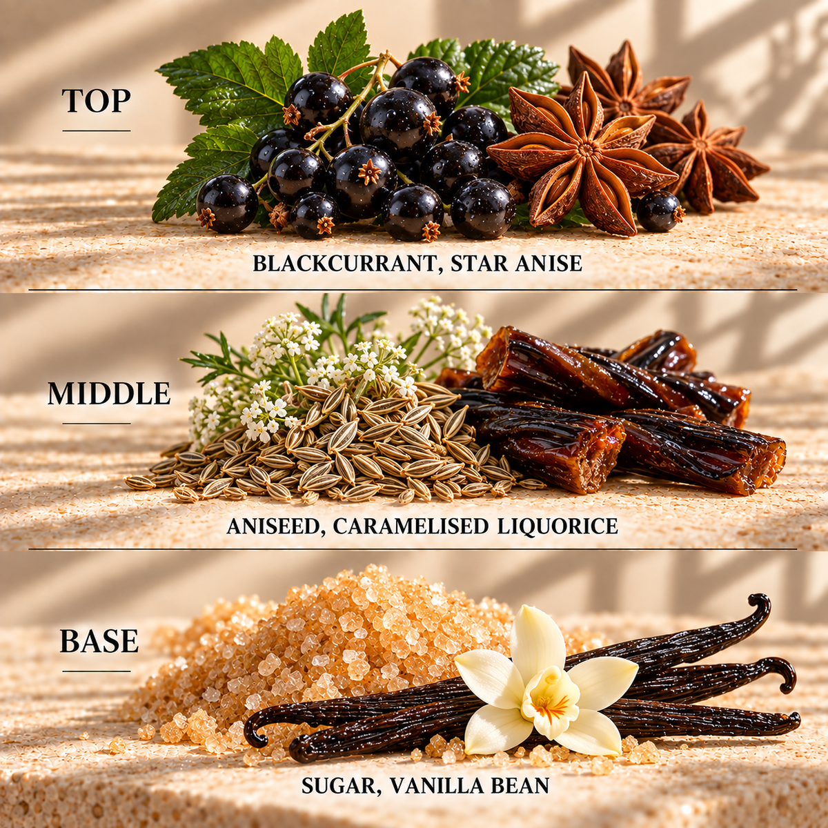 Top, middle and base scent notes for Black Jacks sweet inspired wax melt by Smith & Kennedy Scents