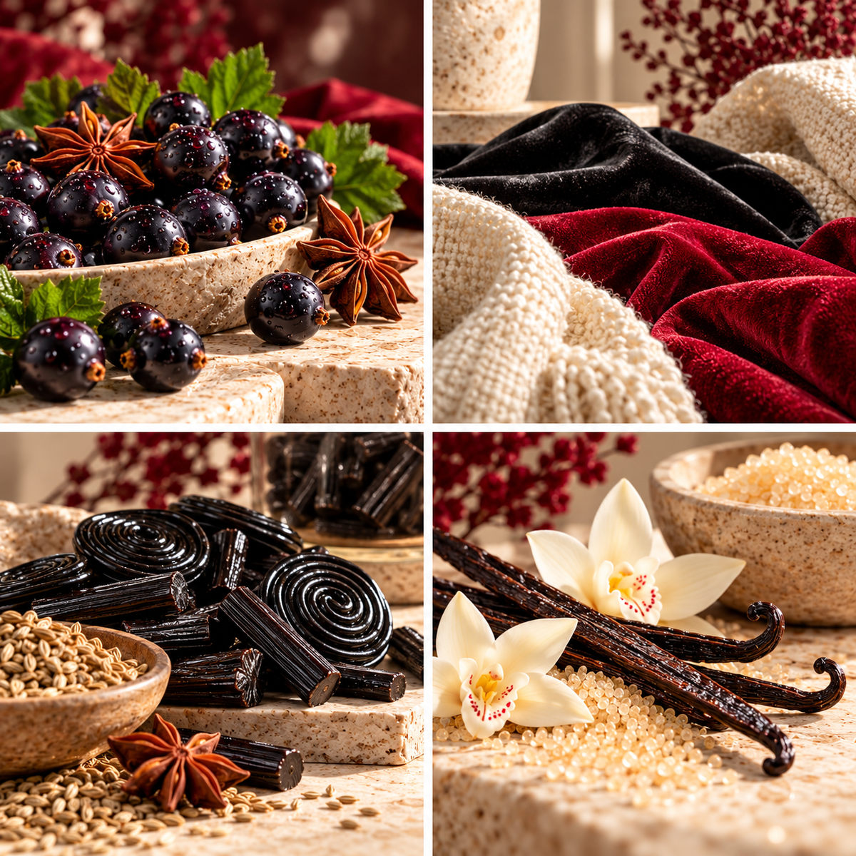 Black Jacks wax melt mood board with liquorice sweets, dark berries, star anise and black and red fabrics.