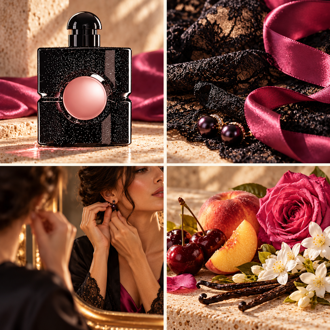 Four-panel mood board for Black Opium perfume-inspired wax melts: black glitter bottle, magenta silk and lace, a dressing-mirror moment and fruit with florals.