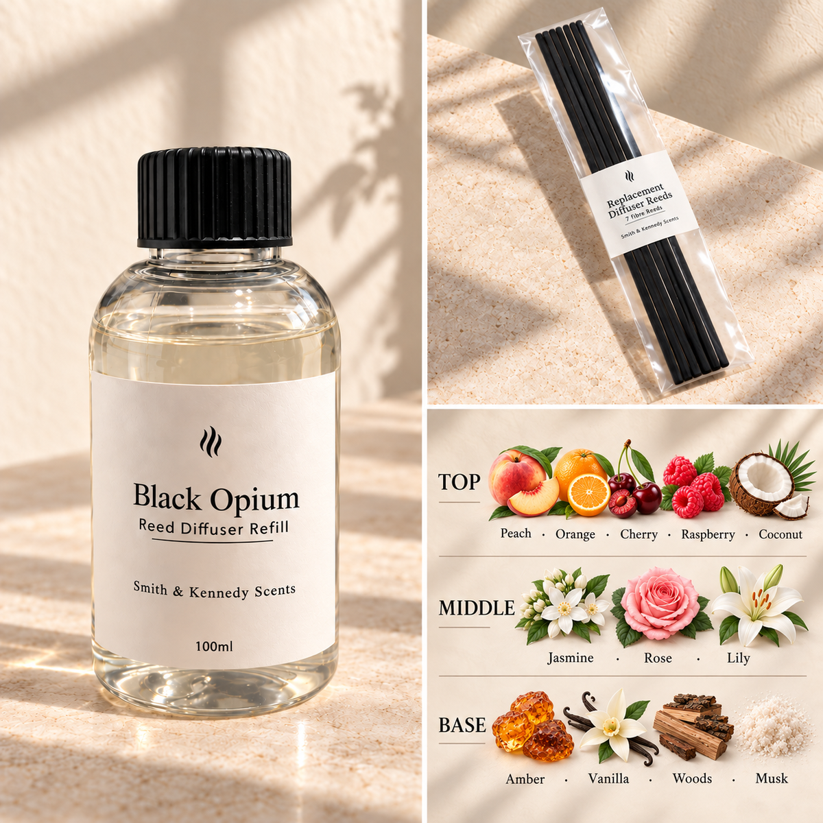 Black Opium 100ml reed diffuser refill bottle, included pack of 7 fibre reeds and fragrance notes
