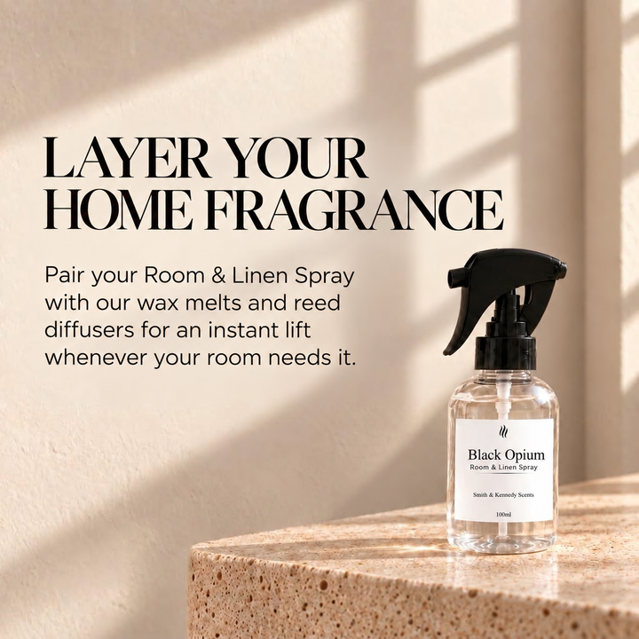 Layer your home fragrance with Black Opium Room &amp; Linen Spray, wax melts and reed diffusers