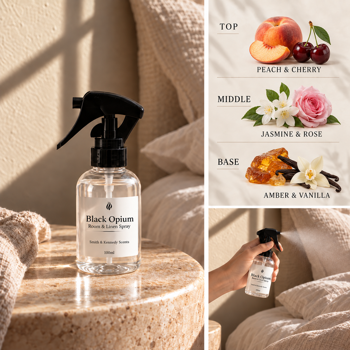 Black Opium Room & Linen Spray with peach, cherry, jasmine, rose, amber and vanilla fragrance notes