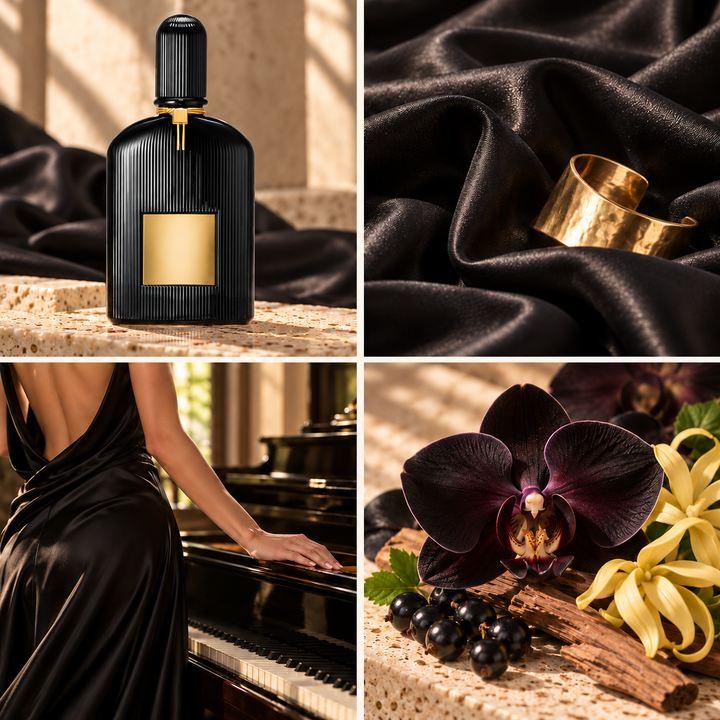 Four-panel mood board for Black Orchid perfume-inspired wax melts: black ribbed bottle, black silk and gold, evening fashion at a piano and dark orchid.