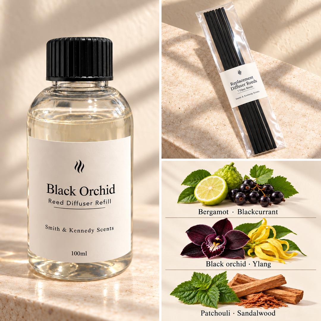 Black Orchid 100ml reed diffuser refill bottle, included pack of 7 fibre reeds and fragrance notes