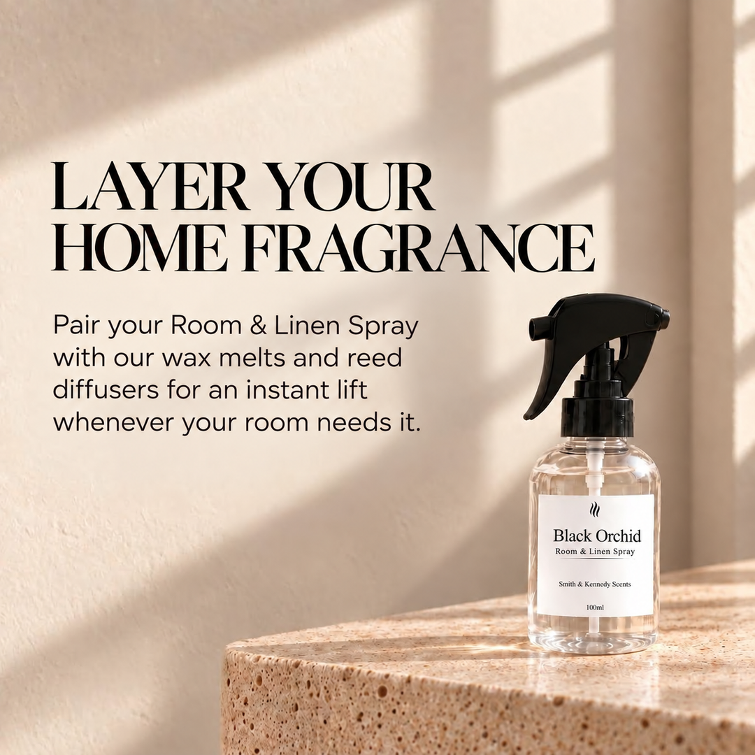 Layer your home fragrance with Black Orchid Room &amp; Linen Spray, wax melts and reed diffusers