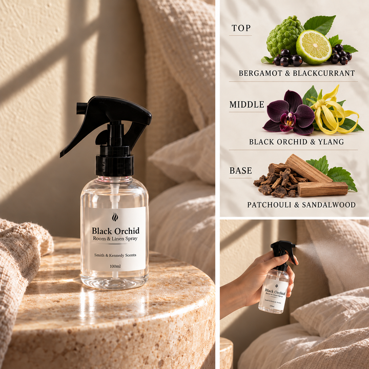 Black Orchid Room &amp; Linen Spray with bergamot, blackcurrant, orchid, patchouli and sandalwood notes