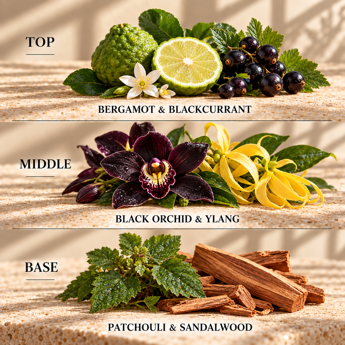 Top, middle and base scent notes for Black Orchid perfume inspired wax melt by Smith & Kennedy Scents