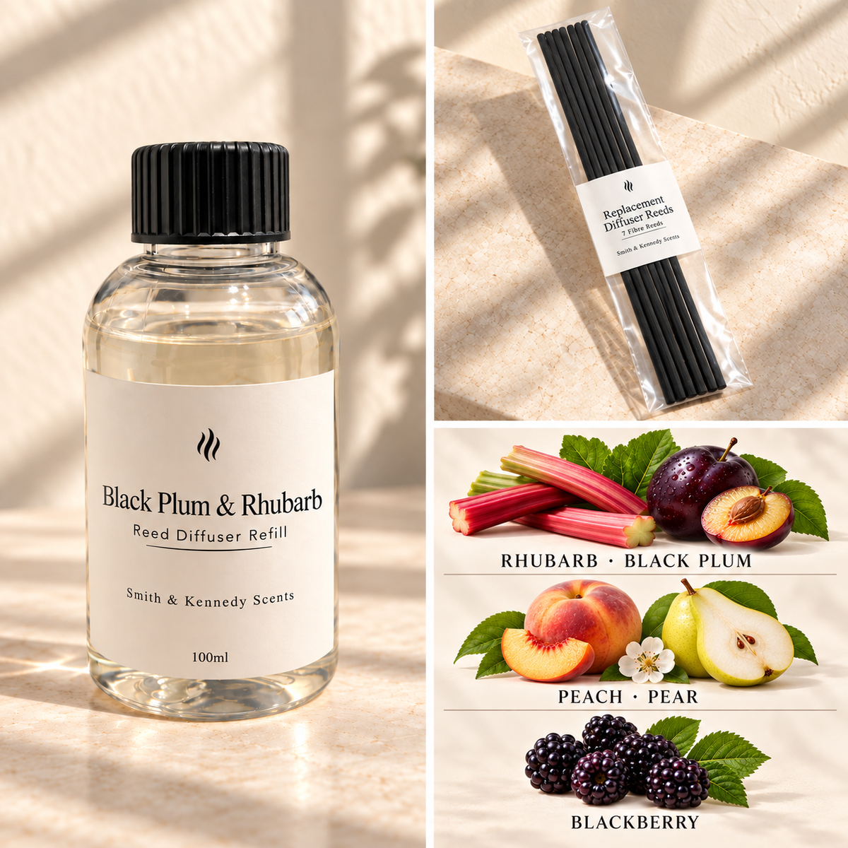 Black Plum & Rhubarb 100ml reed diffuser refill bottle, included pack of 7 fibre reeds and fragrance notes