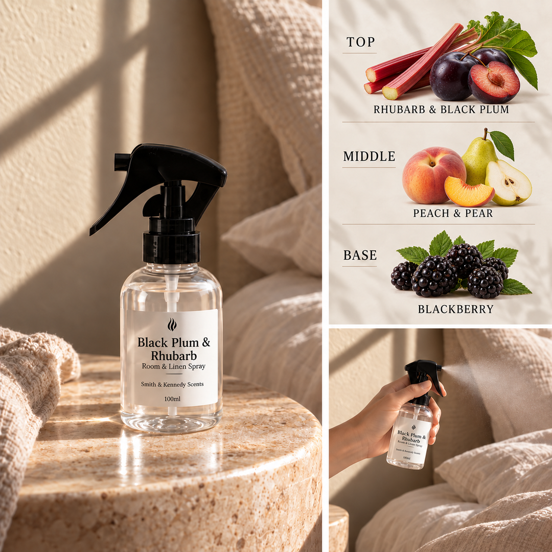 Black Plum &amp; Rhubarb Room &amp; Linen Spray with rhubarb, plum, peach, pear and blackberry notes