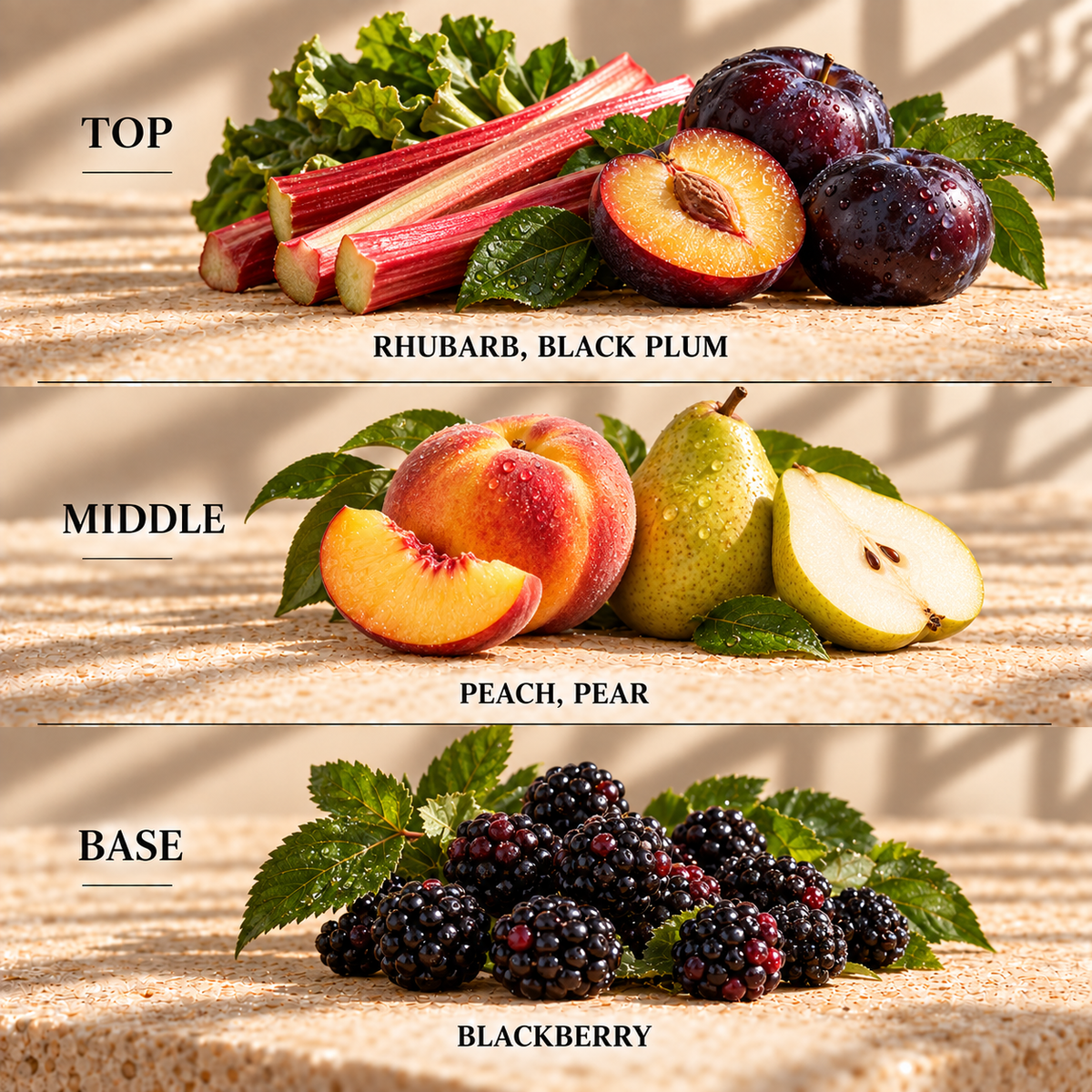 Top, middle and base scent notes for Black Plum & Rhubarb fruity wax melt by Smith & Kennedy Scents