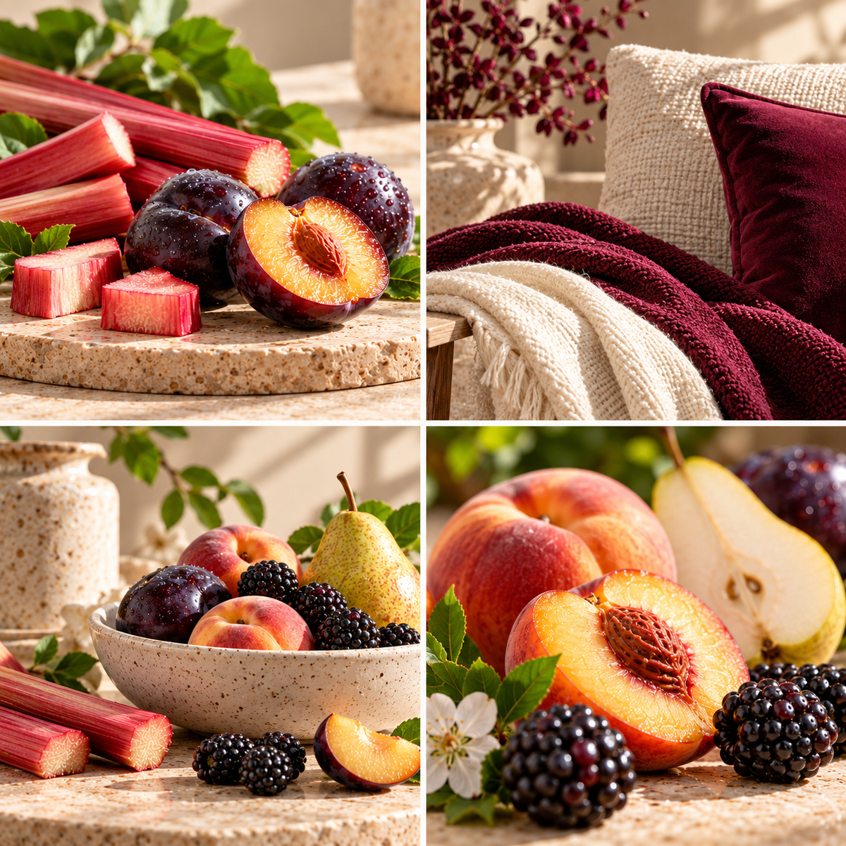 Black Plum & Rhubarb scent moodboard with four photographs, cosy home textures and fragrance ingredients