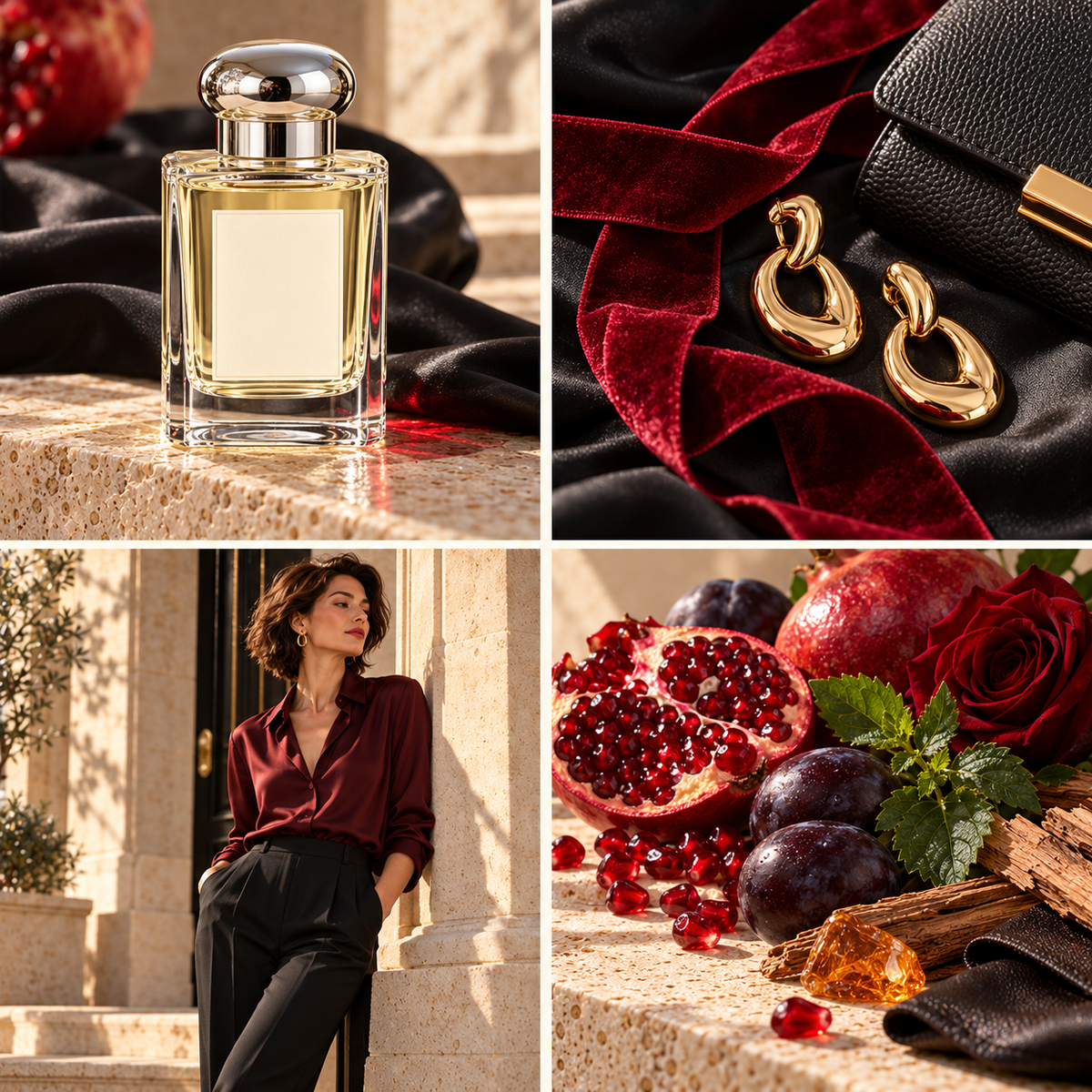 Black Pomegranate perfume inspired wax melt mood board with an unbranded bottle, black silk, ruby velvet, pomegranate, plum, rose and woods by Smith & Kennedy Scents.