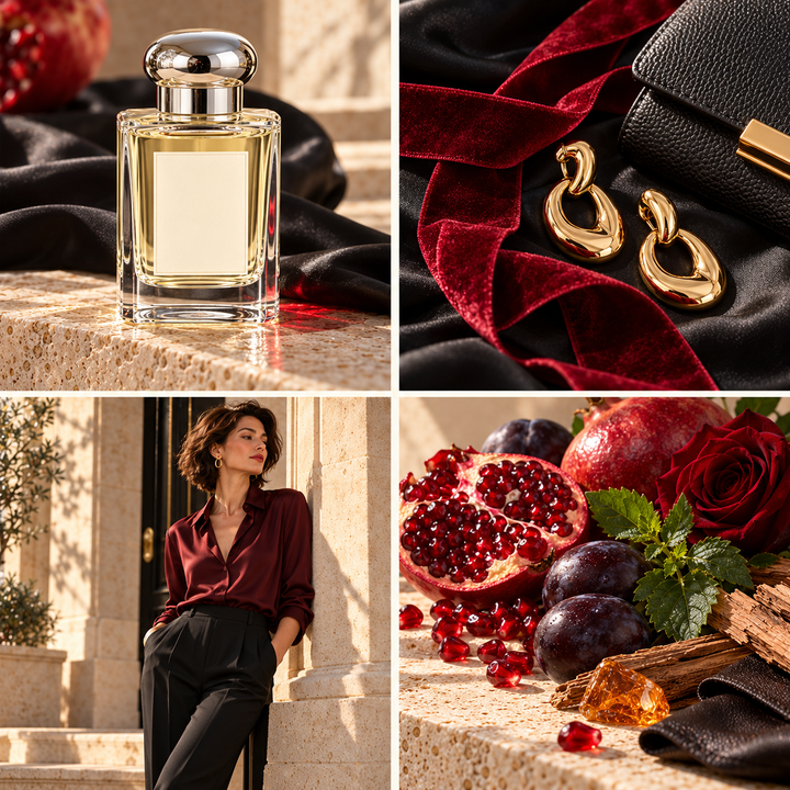 Black Pomegranate perfume inspired wax melt mood board with an unbranded bottle, black silk, ruby velvet, pomegranate, plum, rose and woods by Smith &amp; Kennedy Scents.