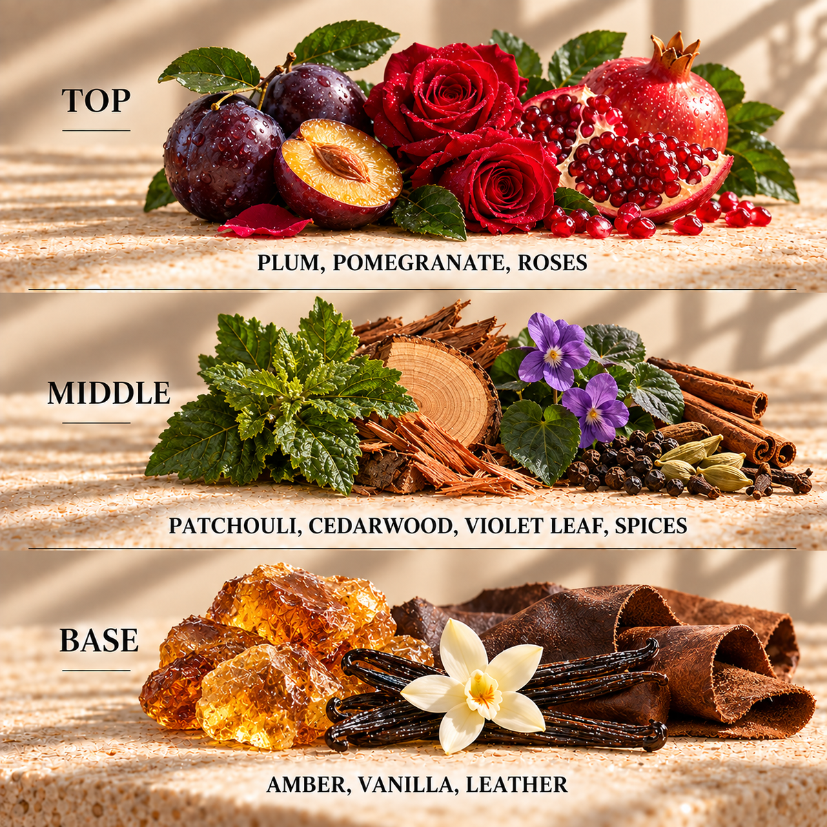 Top, middle and base scent notes for Black Pomegranate perfume inspired wax melt by Smith & Kennedy Scents