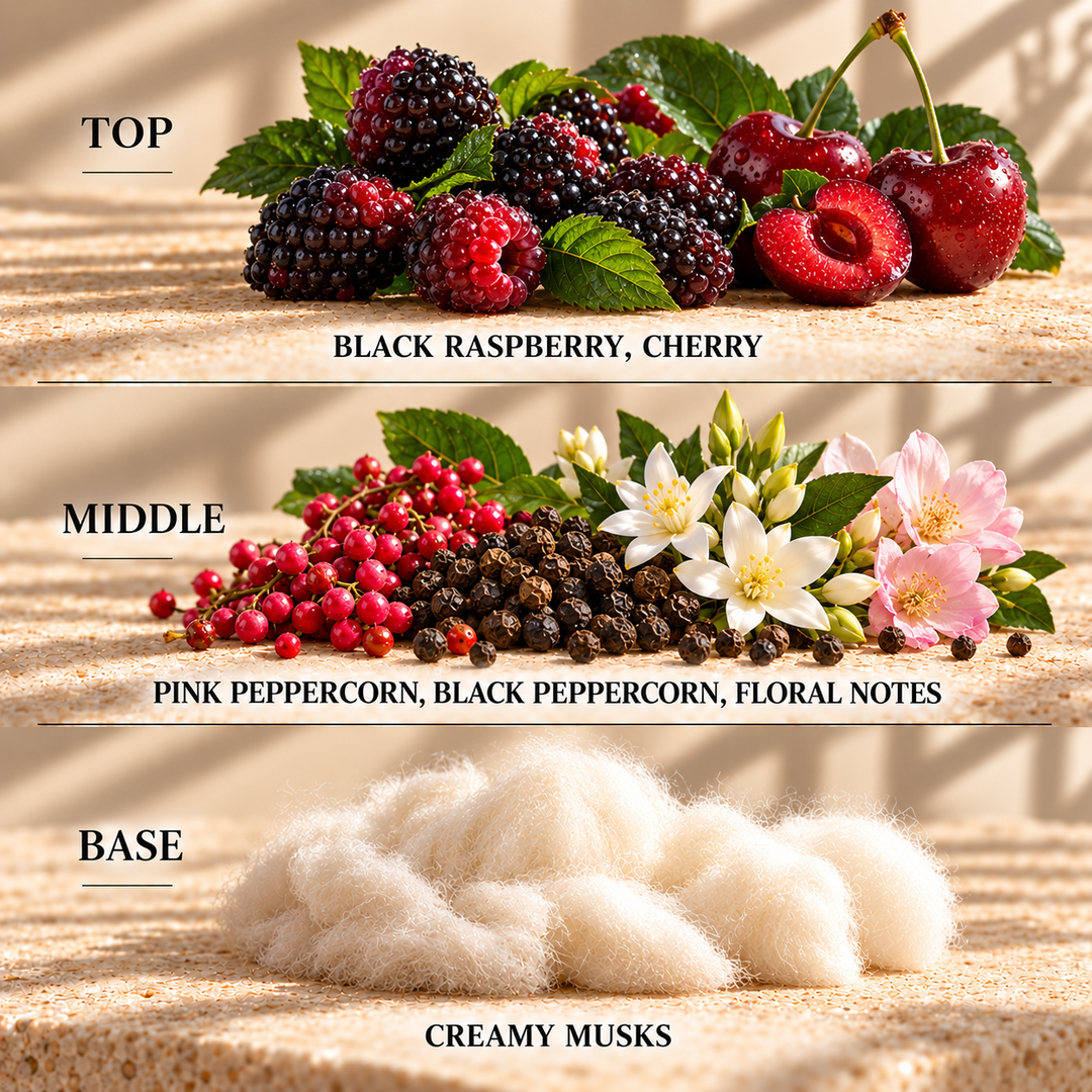 Top, middle and base scent notes for Black Raspberry &amp; Peppercorn fruity wax melt by Smith &amp; Kennedy Scents
