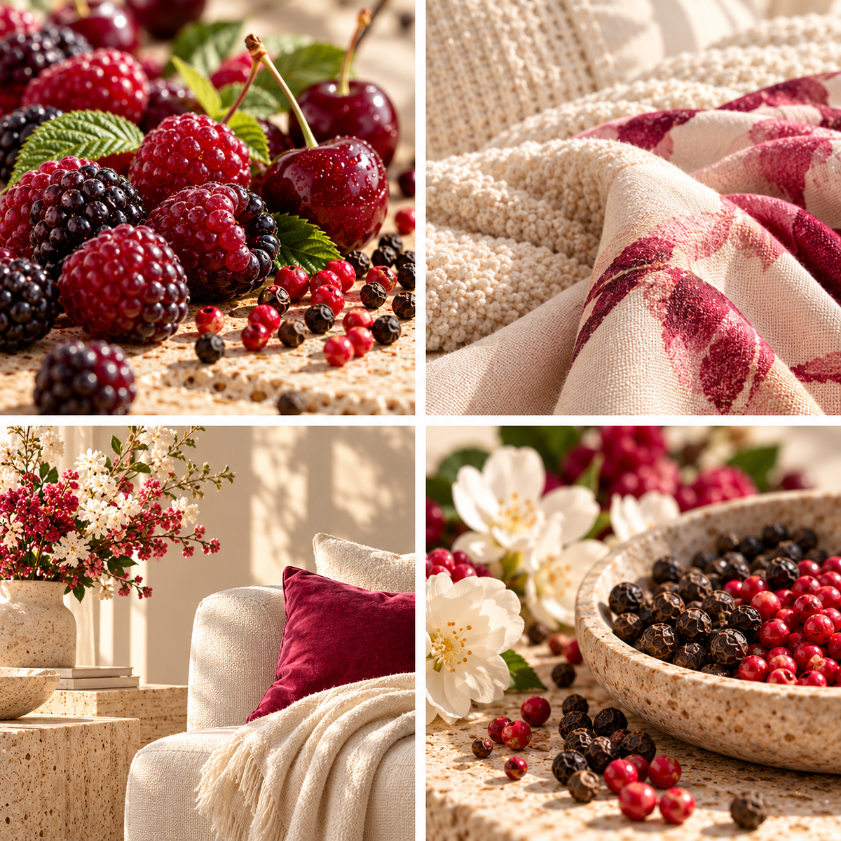 Black Raspberry & Peppercorn wax melt mood board with dark berries, peppercorns, rich textiles and warm woody details.