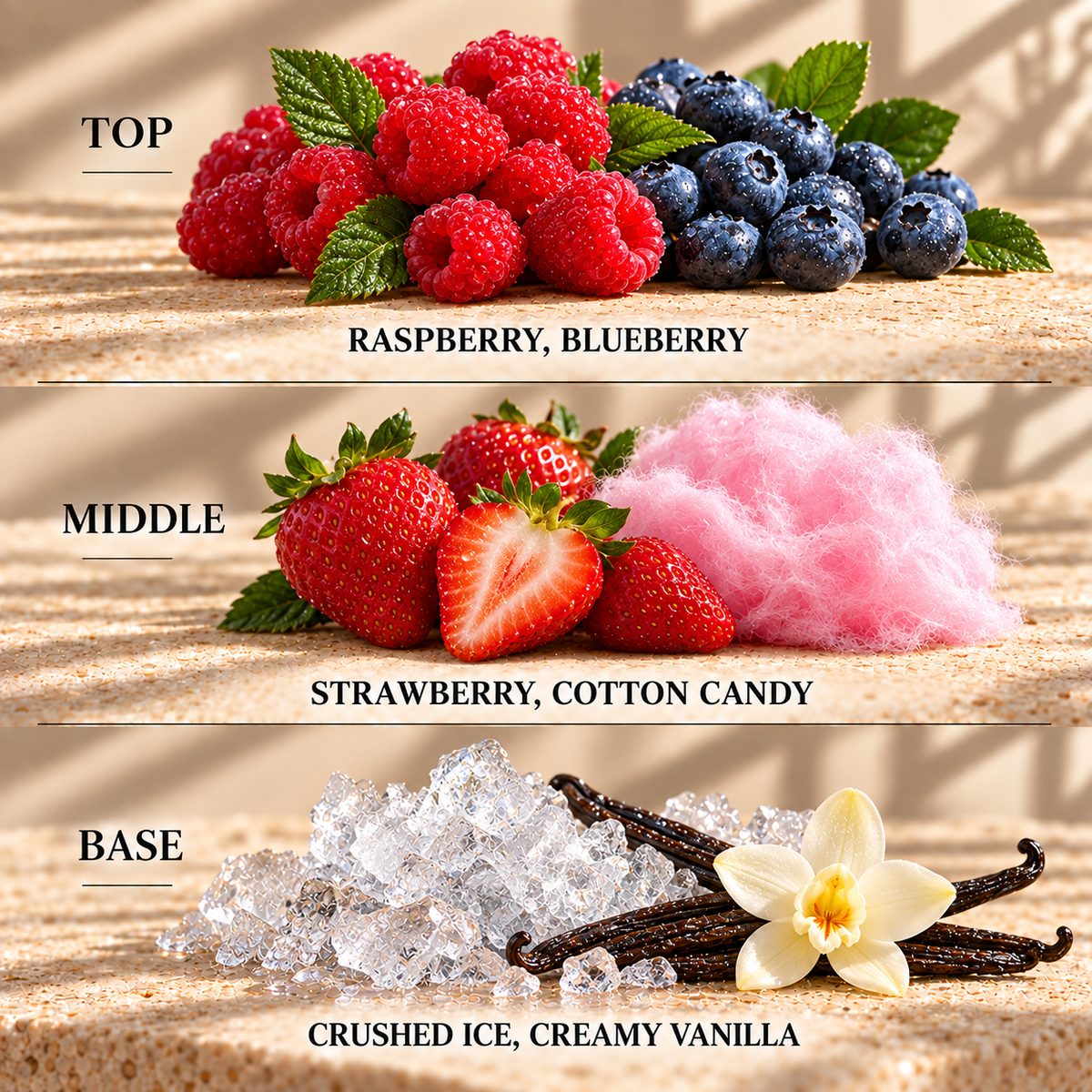 Top, middle and base scent notes for Blue Raspberry Slushie fruity inspired wax melt by Smith & Kennedy Scents