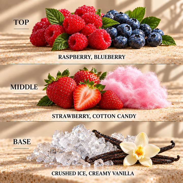 Top, middle and base scent notes for Blue Raspberry Slushie fruity inspired wax melt by Smith &amp; Kennedy Scents