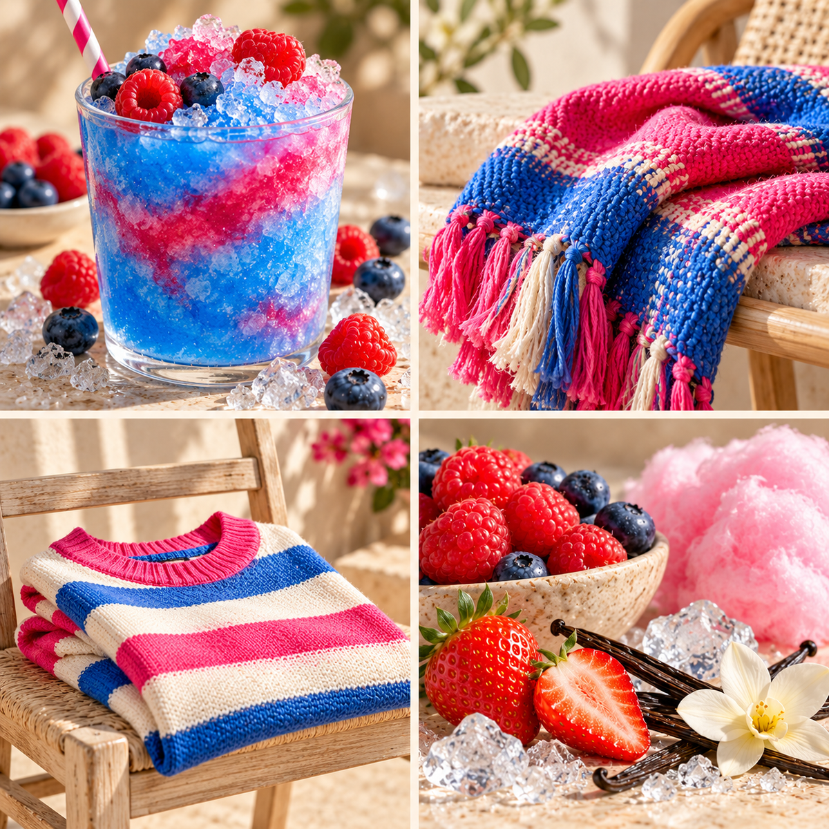 Blue Raspberry Slushie wax melt mood board with a blue and pink slushie, berries and colourful knitwear.
