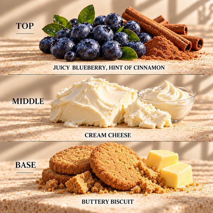 Top, middle and base scent notes for Blueberry Cheesecake bakery inspired wax melt by Smith &amp; Kennedy Scents