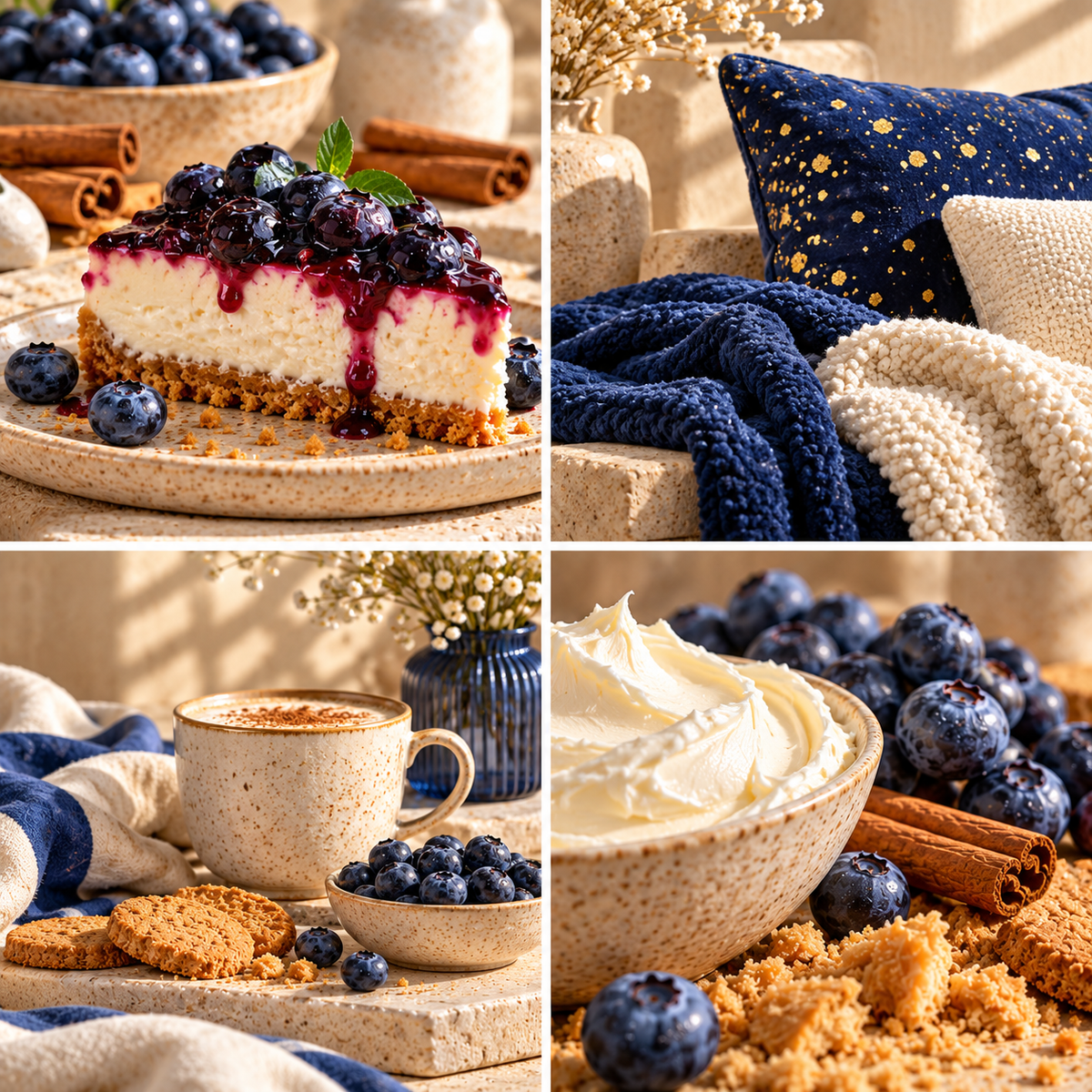 Blueberry Cheesecake wax melt mood board with blueberry cheesecake, navy knitwear, blueberries and biscuit crumbs.