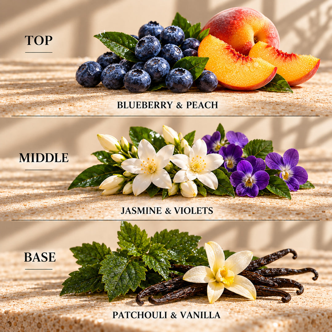 Top, middle and base scent notes for Blueberry &amp; Jasmine laundry inspired wax melt by Smith &amp; Kennedy Scents