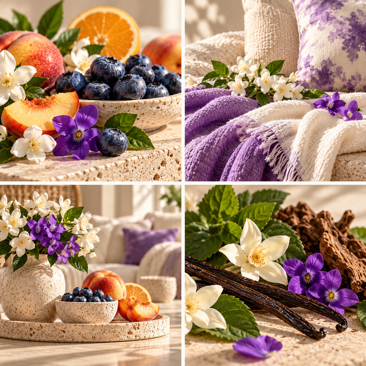 Blueberry & Jasmine wax melt mood board with blueberries, jasmine, purple textiles and warm woody notes.