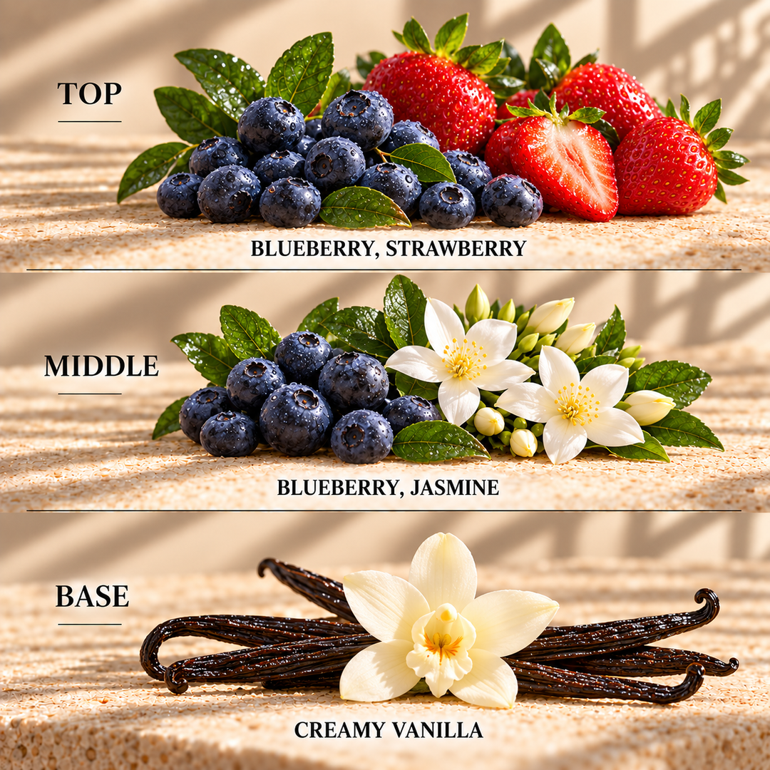 Top, middle and base scent notes for Blueberry &amp; Vanilla fruity wax melt by Smith &amp; Kennedy Scents